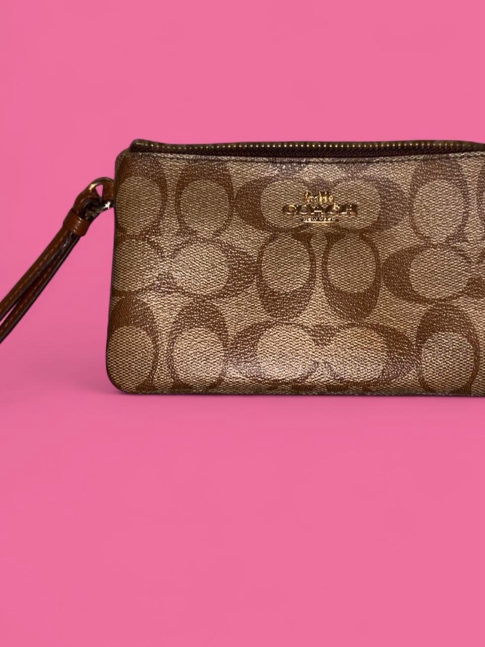 Coach Brown Logo-Print Wristlet with Gold Plaque